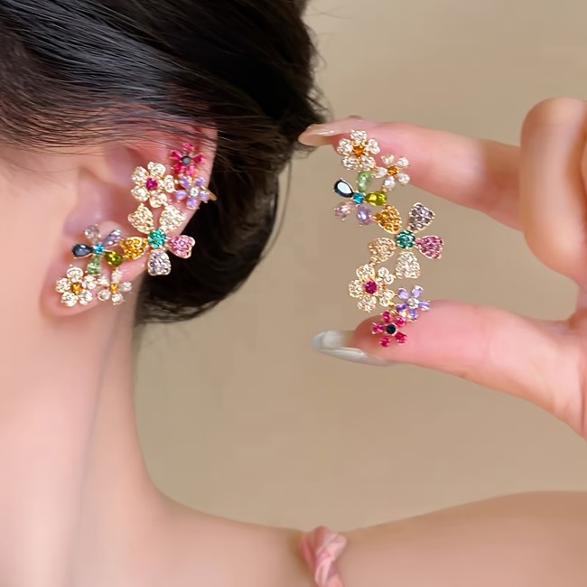 Exaggerated Colorful Flower Glass Inlay Ear Cuff Earrings ✨