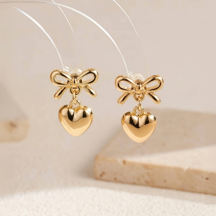 1 Pair of Charming Vintage Bow Heart Dangling Earrings, Elegant Temperament, Suitable for Women'S Daily Commuting And Holiday Decoration