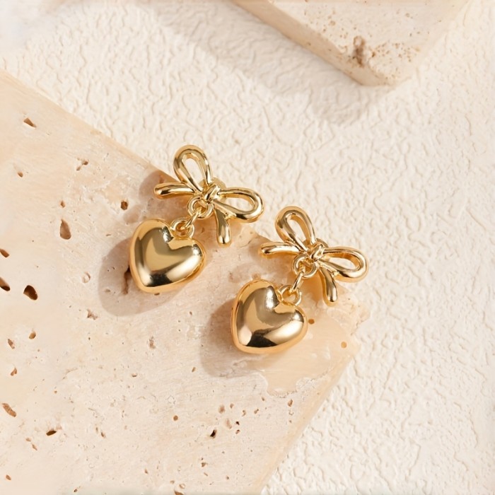 1 Pair of Charming Vintage Bow Heart Dangling Earrings, Elegant Temperament, Suitable for Women'S Daily Commuting And Holiday Decoration