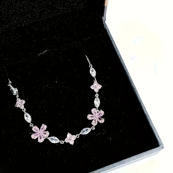 1pc Women's Pink Sakura (Cherry Blossom) Bracelet with Cubic Synthetic Zirconia Petal Flowers & Sakura Chain - Adjustable Blush for Daily Wear,,, -Themed Events - Year-Round Elegant Access