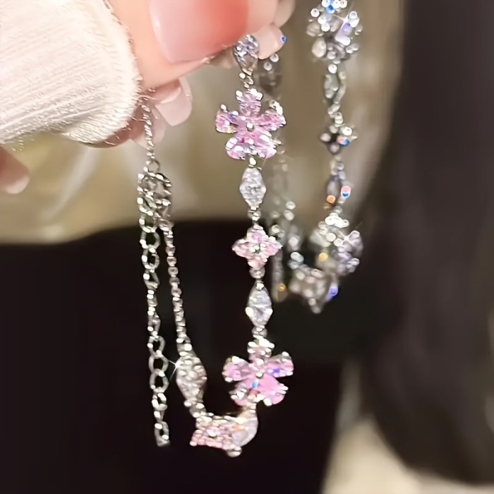 1pc Women's Pink Sakura (Cherry Blossom) Bracelet with Cubic Synthetic Zirconia Petal Flowers & Sakura Chain - Adjustable Blush for Daily Wear,,, -Themed Events - Year-Round Elegant Access