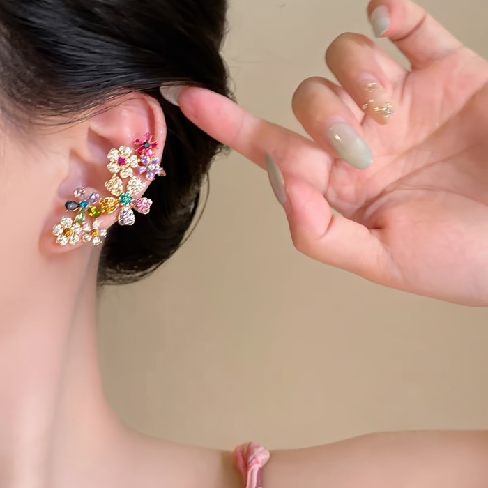 Exaggerated Colorful Flower Glass Inlay Ear Cuff Earrings ✨