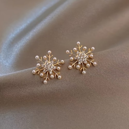 1 Pair Elegant Snowflake Design Artificial Pearls inlaid Glass Earrings for Women - Zinc Alloy Posts, Copper Earrings for Daily Commuting & Holiday Gifts, Party Accessories, Sophisticated Accessory, Sparkling Embellishments