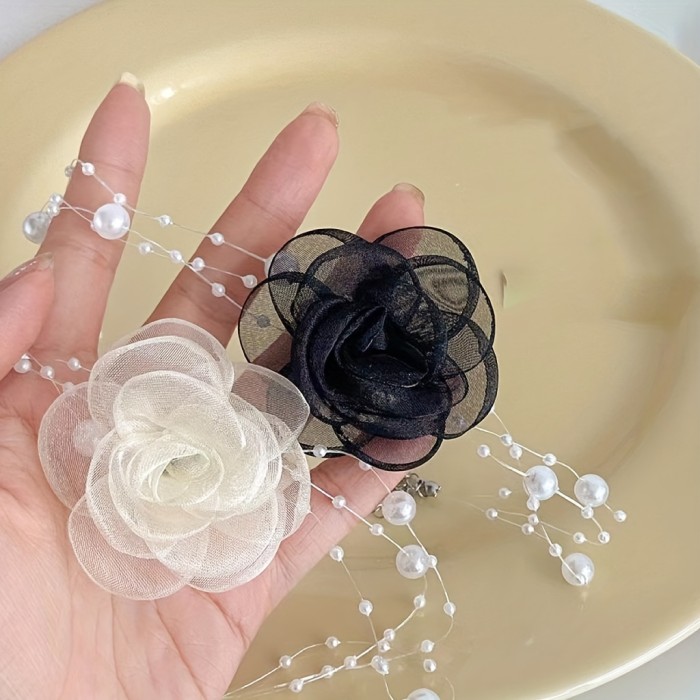 French Romantic Multi-Layer Faux Pearl Flower Necklace Trendy Fashion Accessory