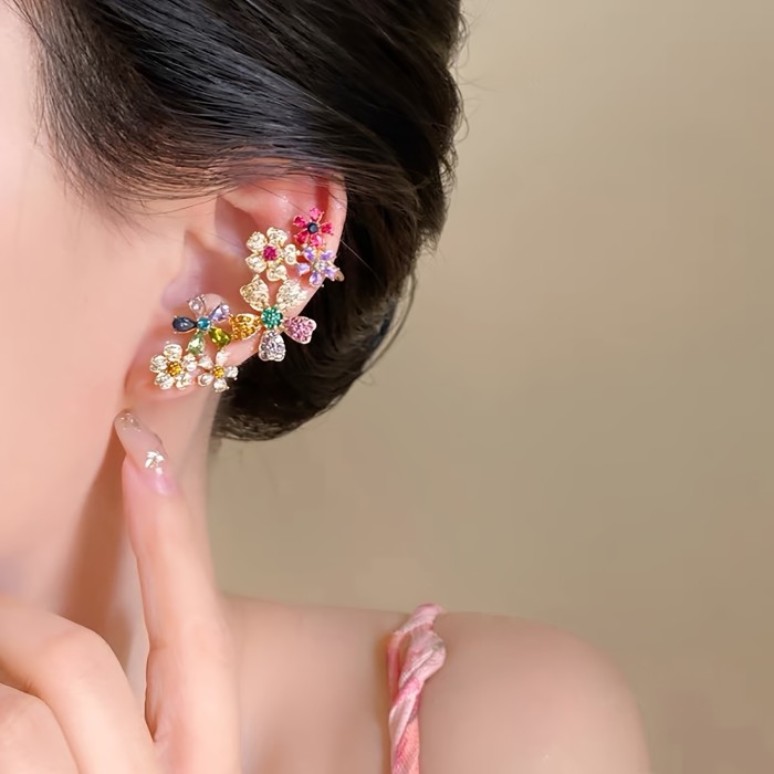 Exaggerated Colorful Flower Glass Inlay Ear Cuff Earrings ✨