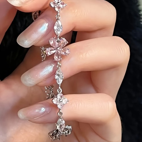 1pc Women's Pink Sakura (Cherry Blossom) Bracelet with Cubic Synthetic Zirconia Petal Flowers & Sakura Chain - Adjustable Blush for Daily Wear,,, -Themed Events - Year-Round Elegant Access