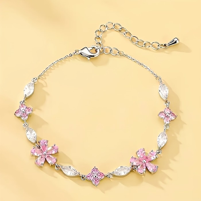 1pc Women's Pink Sakura (Cherry Blossom) Bracelet with Cubic Synthetic Zirconia Petal Flowers & Sakura Chain - Adjustable Blush for Daily Wear,,, -Themed Events - Year-Round Elegant Access