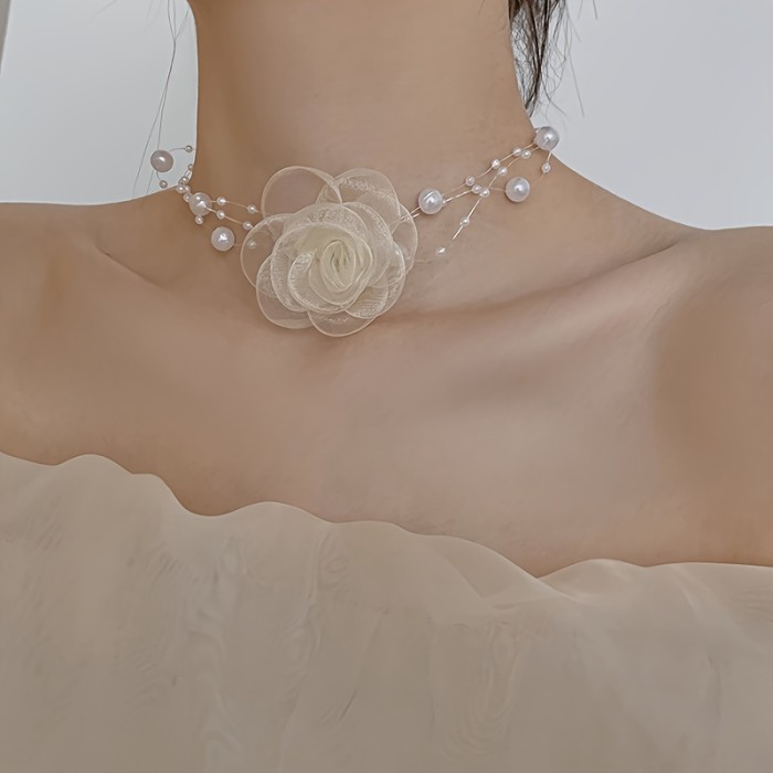 French Romantic Multi-Layer Faux Pearl Flower Necklace Trendy Fashion Accessory