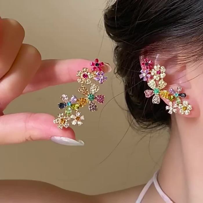 Exaggerated Colorful Flower Glass Inlay Ear Cuff Earrings ✨