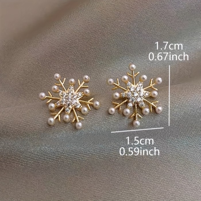 1 Pair Elegant Snowflake Design Artificial Pearls inlaid Glass Earrings for Women - Zinc Alloy Posts, Copper Earrings for Daily Commuting & Holiday Gifts, Party Accessories, Sophisticated Accessory, Sparkling Embellishments