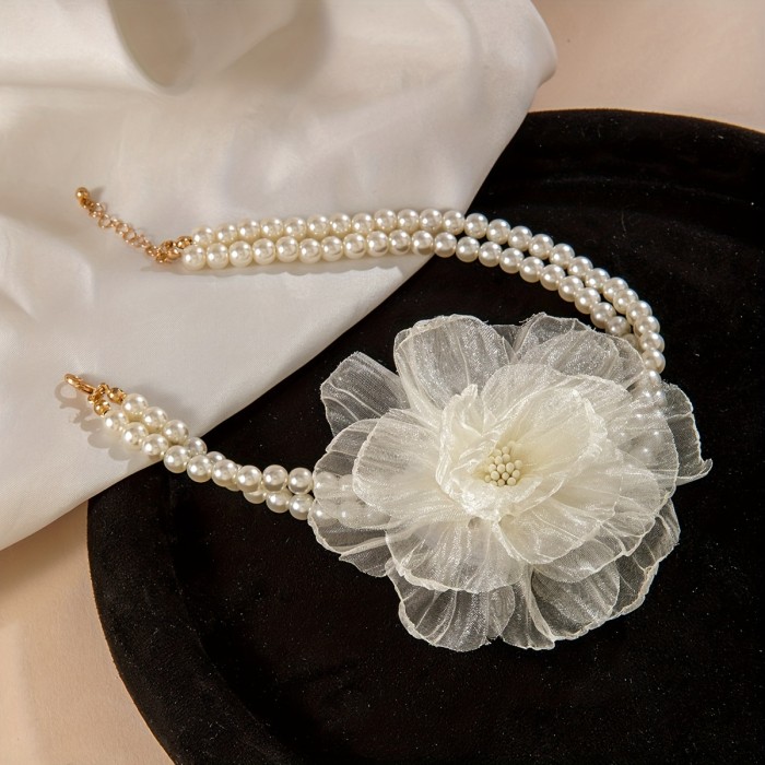 1pc Elegant Minimalist White Double Layer Necklace with White K Flower Pendant - European Special Line for Women, Wedding, Party, Banquet, Year-Round Wear, Versatile Timeless &