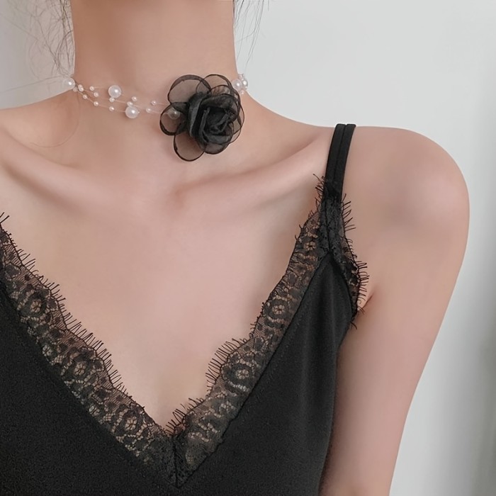 French Romantic Multi-Layer Faux Pearl Flower Necklace Trendy Fashion Accessory
