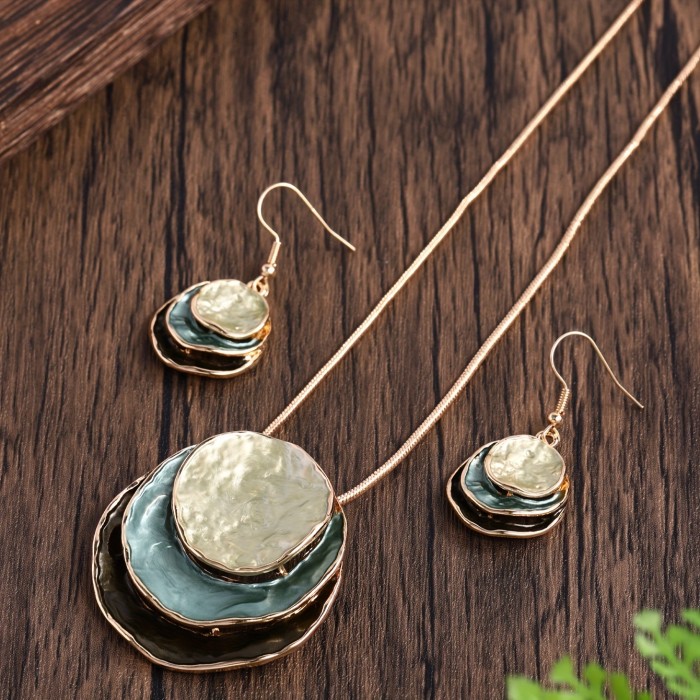 Round Zinc Alloy Set CRING COCO Bohemian 3-Layer Round Zinc Alloy Enamel Jewelry Set - Elegant Women'S Gift for Valentine'S Day, Parties & Holidays, Includes Necklace and Earrings, Party Jewelry|Bohemian Style|Zinc Alloy Jewelry