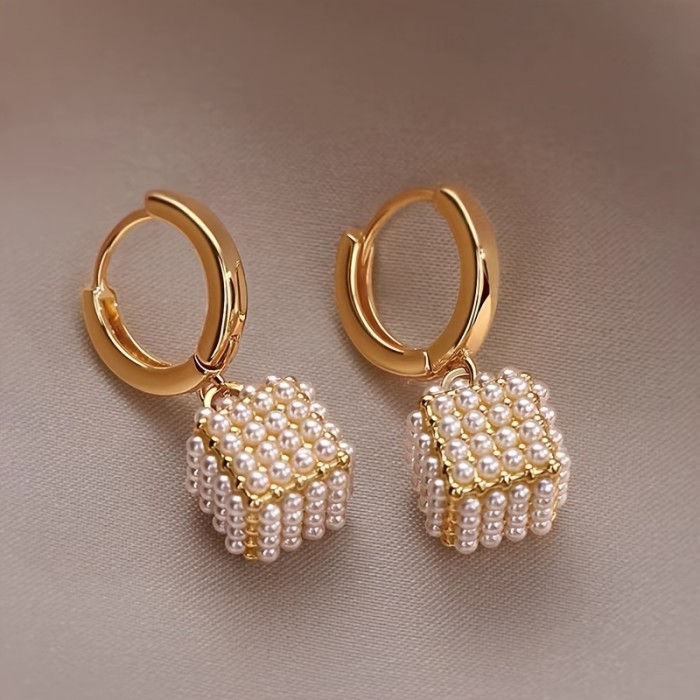 Elegant Gold & Pearl Cubic Zirconia Pendant Earrings ✨