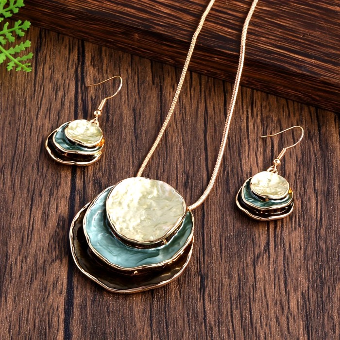 Round Zinc Alloy Set CRING COCO Bohemian 3-Layer Round Zinc Alloy Enamel Jewelry Set - Elegant Women'S Gift for Valentine'S Day, Parties & Holidays, Includes Necklace and Earrings, Party Jewelry|Bohemian Style|Zinc Alloy Jewelry