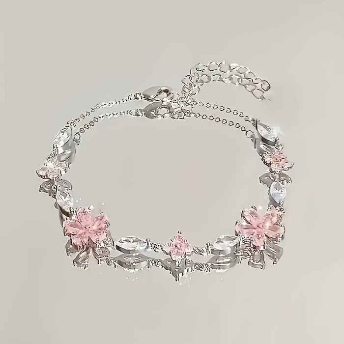 1pc Women's Pink Sakura (Cherry Blossom) Bracelet with Cubic Synthetic Zirconia Petal Flowers & Sakura Chain - Adjustable Blush for Daily Wear,,, -Themed Events - Year-Round Elegant Access