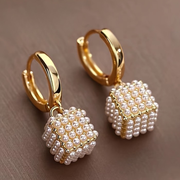 Elegant Gold & Pearl Cubic Zirconia Pendant Earrings ✨