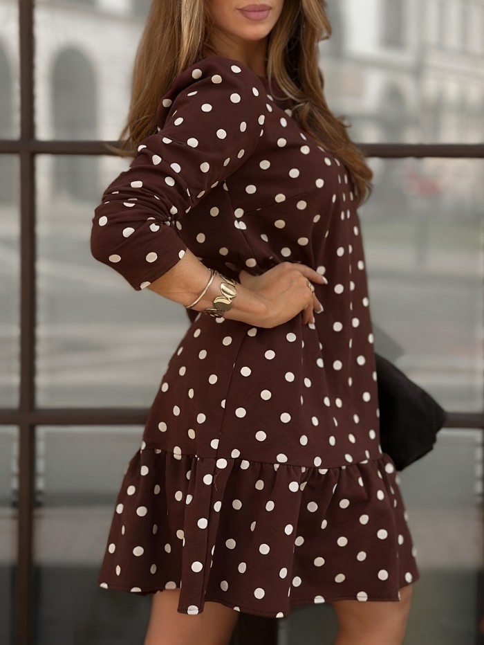 Split-Joint Polka-Dot Pleated Contrast Color Loose Long Sleeves Round-Neck Midi Dress