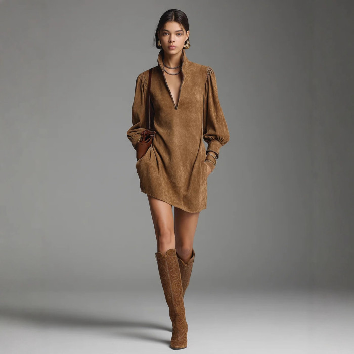 Solid Color Casual Loose Short Dresses For Women Fashion Autumn Women's A-Line Mini Dress Elegant Vintage Female Dresses