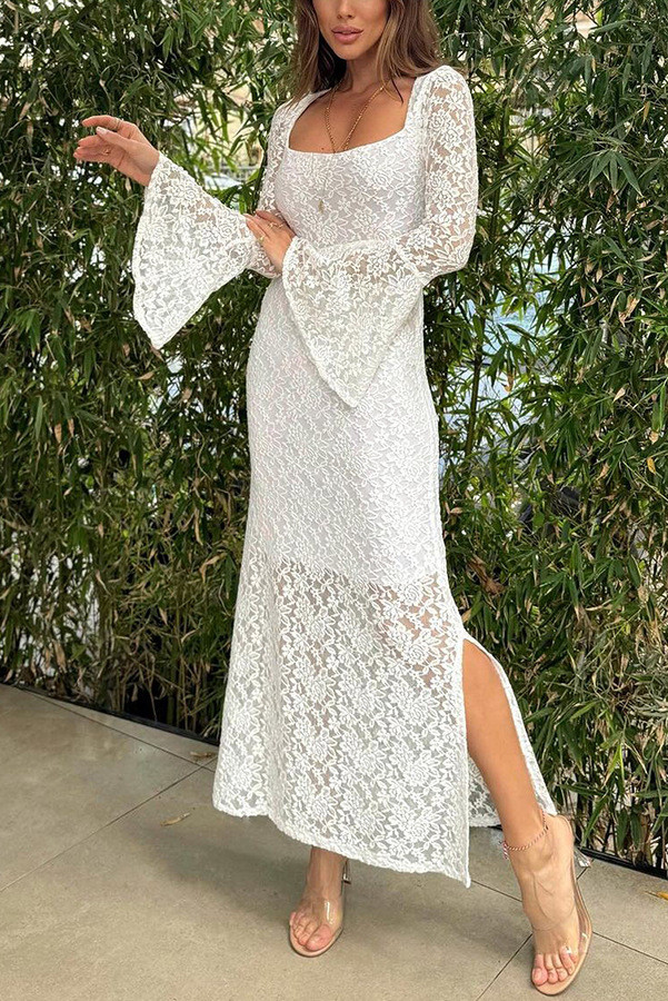 Sexy Slim Hollow Out Flare Sleeve Lace Beach Dress ✨