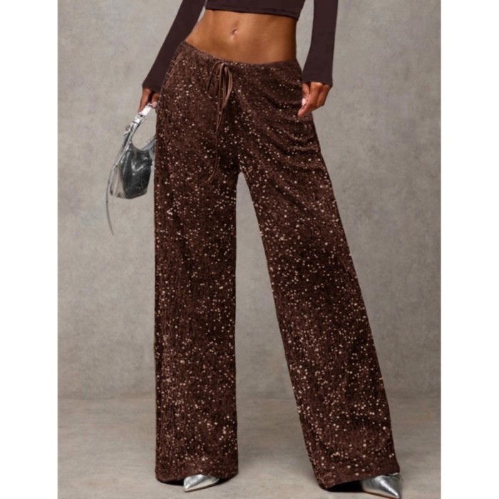 Fashion Street Women Trousers New High Waist Sparkle Sequined Wide Leg Long Pants Casual Solid Streetwear Party Trousers