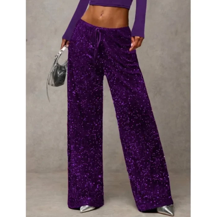 Fashion Street Women Trousers New High Waist Sparkle Sequined Wide Leg Long Pants Casual Solid Streetwear Party Trousers