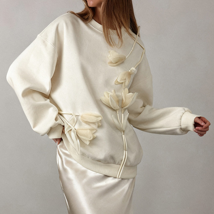 High-End 3D Embroidered Solid Color Pullover Sweatshirt ✨