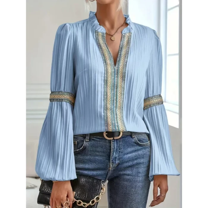 Fashionable Pure Color Splicing Lace Lantern Sleeve Shirt ✨