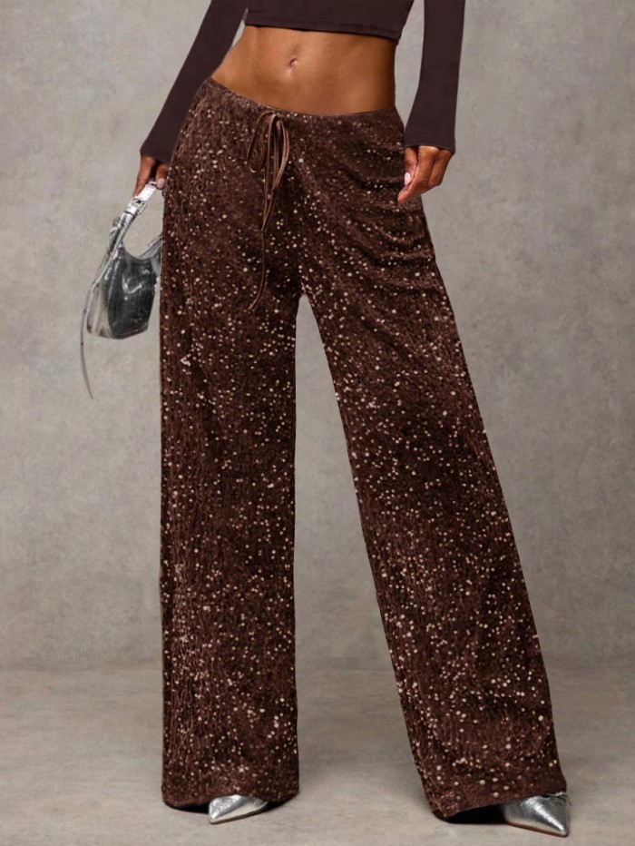Fashion Street Women Trousers New High Waist Sparkle Sequined Wide Leg Long Pants Casual Solid Streetwear Party Trousers