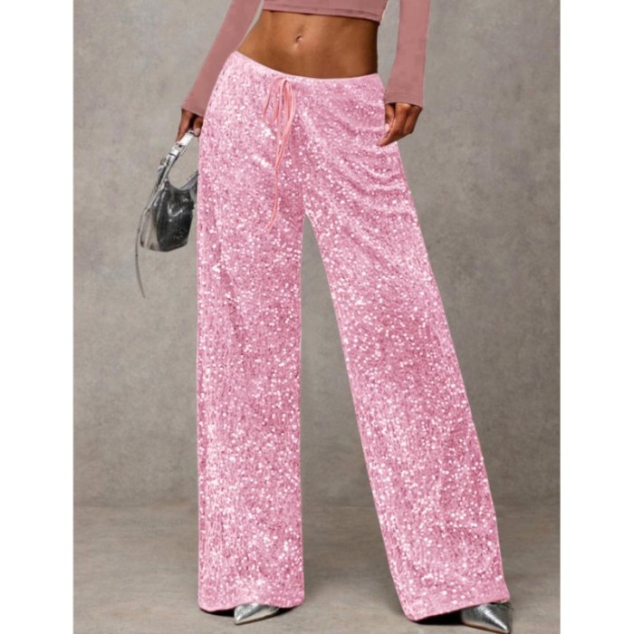 Fashion Street Women Trousers New High Waist Sparkle Sequined Wide Leg Long Pants Casual Solid Streetwear Party Trousers