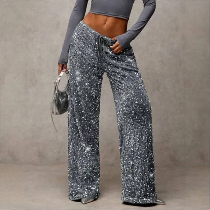 Fashion Street Women Trousers New High Waist Sparkle Sequined Wide Leg Long Pants Casual Solid Streetwear Party Trousers