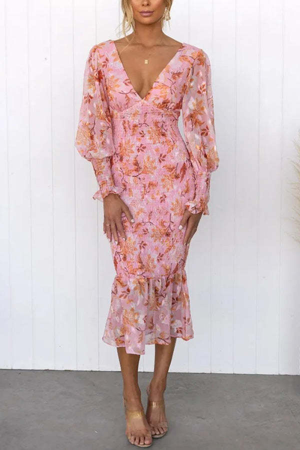 Fashionable Floral Print Pleated Waist Midi Dress ✨
