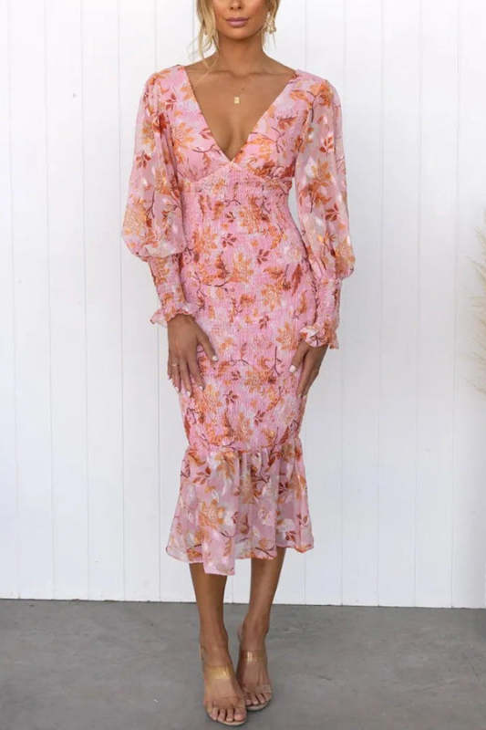 Fashionable Floral Print Pleated Waist Midi Dress ✨