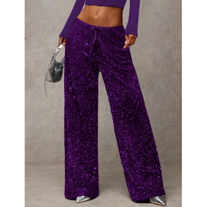 Fashion Street Women Trousers New High Waist Sparkle Sequined Wide Leg Long Pants Casual Solid Streetwear Party Trousers