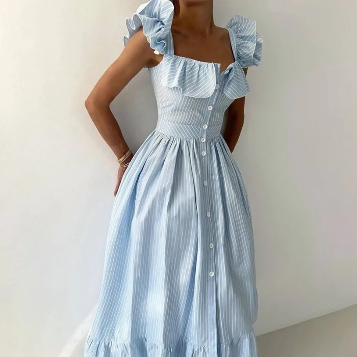 Elegant Blue Striped Ruffled Square Neck Maxi Dress ✨