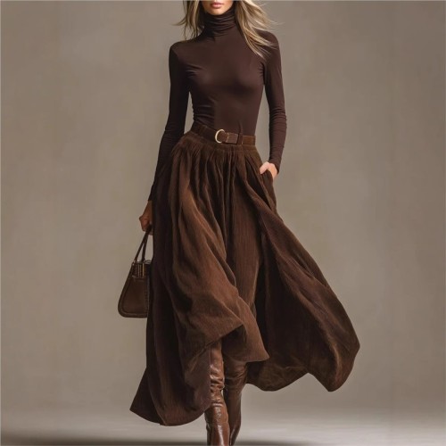 Retro Elegant Corduroy Long Skirt 2 Pieces Sets Turtleneck Long Sleeve Slim Top + Pocket Skirt Outfits Solid color Suit Outfits