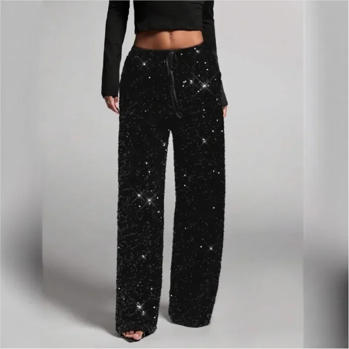 Fashion Street Women Trousers New High Waist Sparkle Sequined Wide Leg Long Pants Casual Solid Streetwear Party Trousers