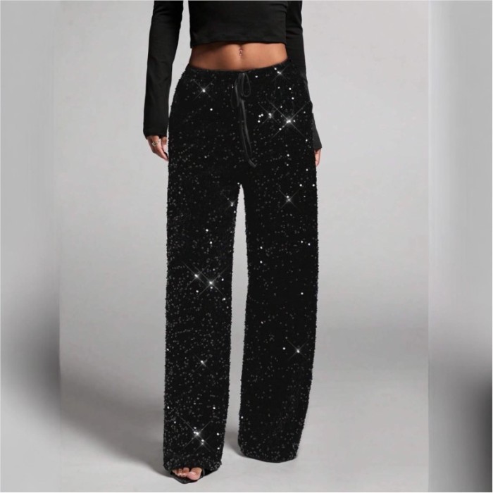 Fashion Street Women Trousers New High Waist Sparkle Sequined Wide Leg Long Pants Casual Solid Streetwear Party Trousers