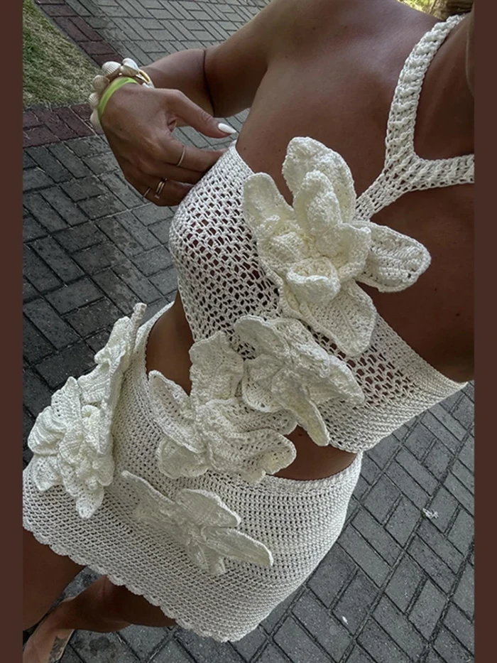 Sexy Knit 3D Flower Halter Beach Mini Dress ✨