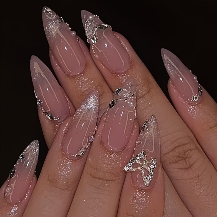 Pink Cat’s Eye Butterfly Rhinestone Long Almond Press On Nails ✨