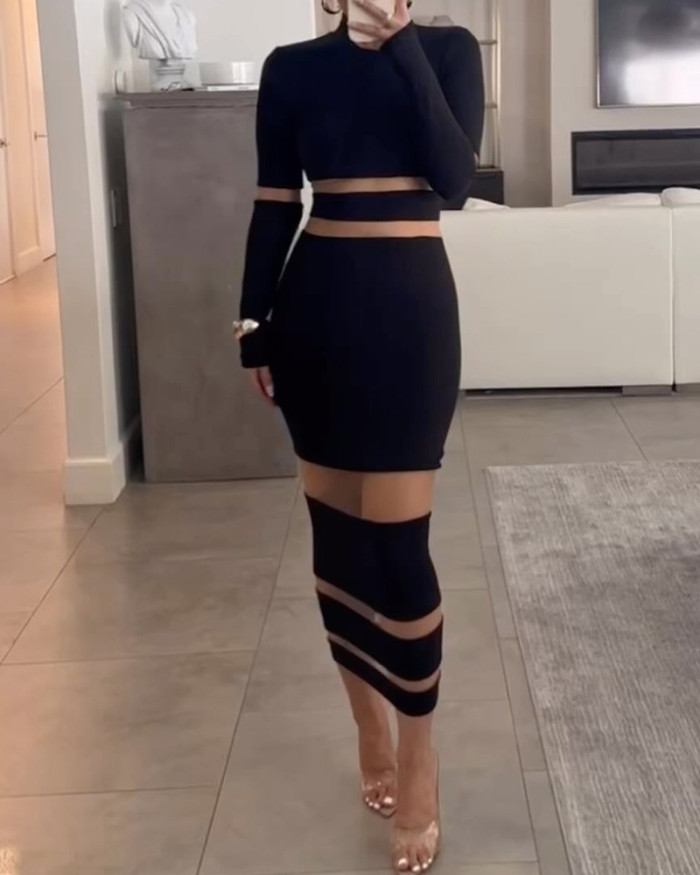 Bodycon Long Sleeves Hollow Solid Color Split-Joint Off-The-Shoulder Midi Dresses