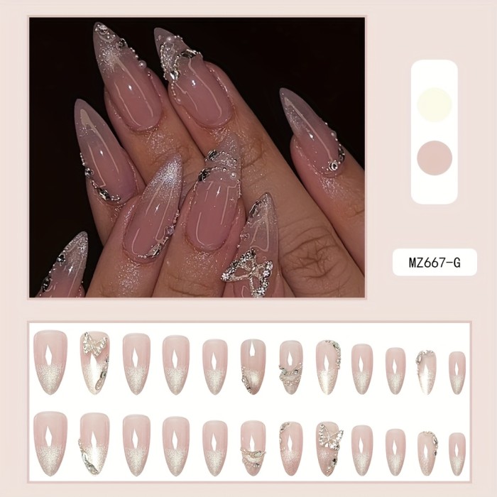 Pink Cat’s Eye Butterfly Rhinestone Long Almond Press On Nails ✨