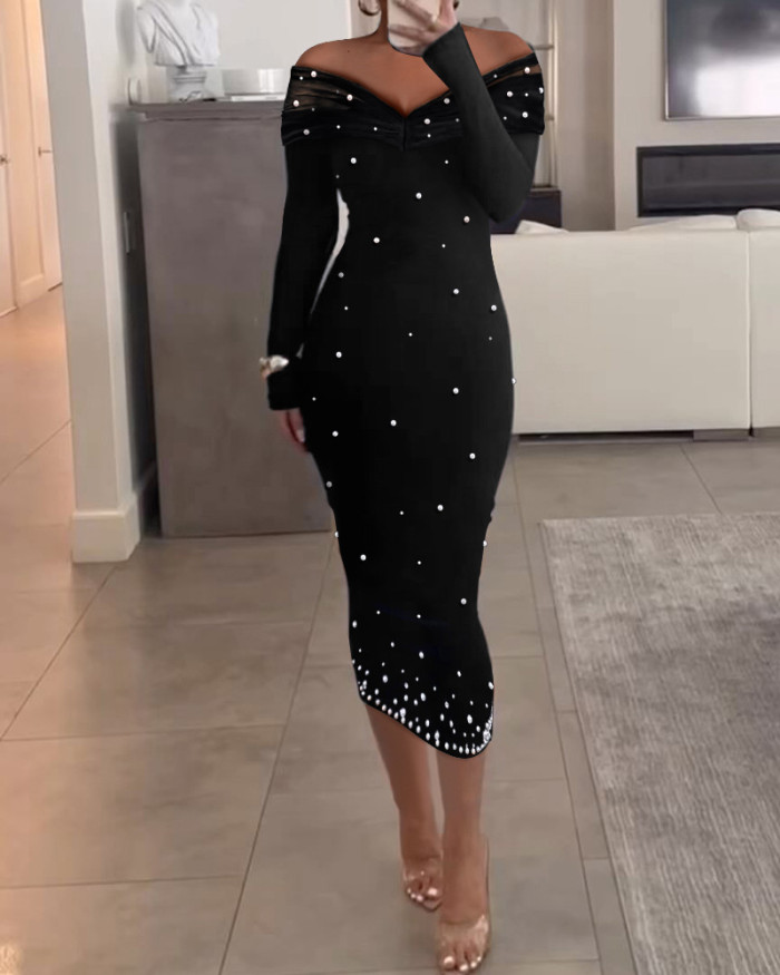 Bodycon Long Sleeves Hollow Solid Color Split-Joint Off-The-Shoulder Midi Dresses