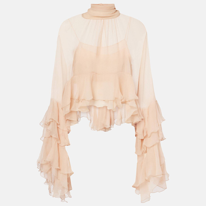 Pleated Ruffle Trim See-Through Solid Color Tied False Two Flared Sleeves Mock Neck Blouses&Shirts Tops