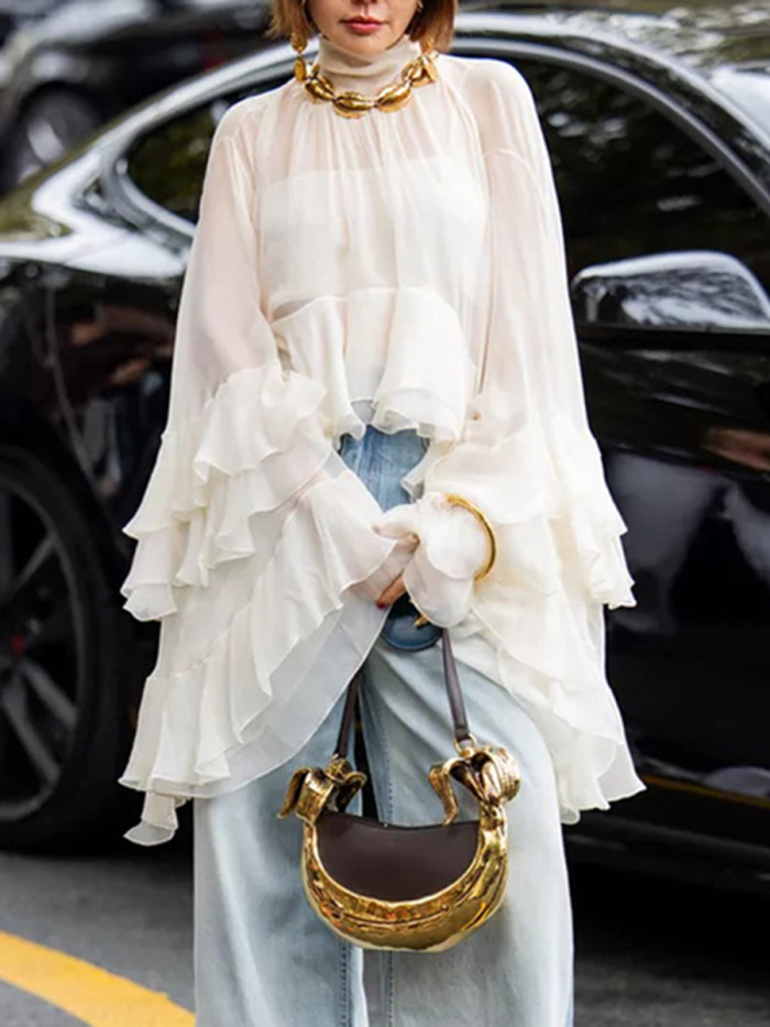 Pleated Ruffle Trim See-Through Solid Color Tied False Two Flared Sleeves Mock Neck Blouses&Shirts Tops