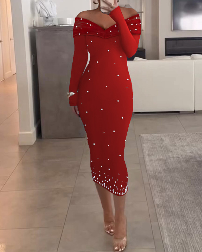 Bodycon Long Sleeves Hollow Solid Color Split-Joint Off-The-Shoulder Midi Dresses