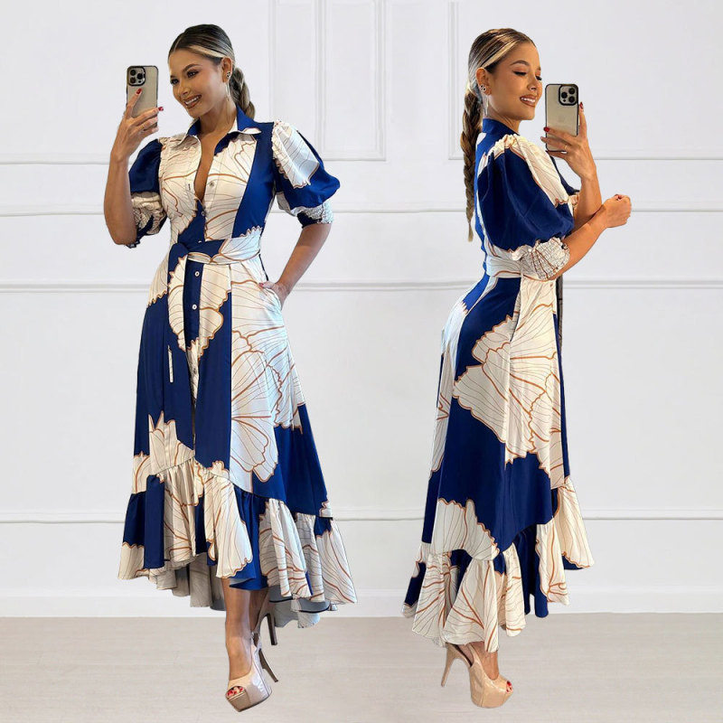 Casual Print Asymmetrical Turndown Collar Long Dress