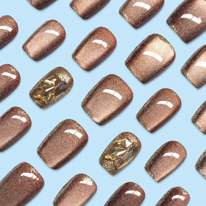 Brown Cat’s Eye Rhinestone Extra-Short Press On Nails ✨