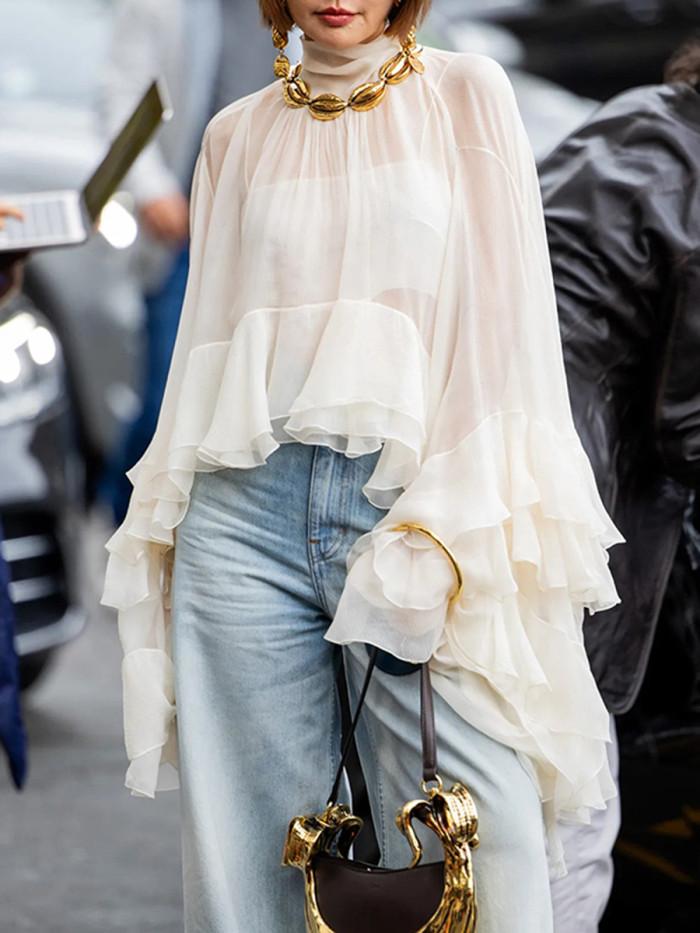 Pleated Ruffle Trim See-Through Solid Color Tied False Two Flared Sleeves Mock Neck Blouses&Shirts Tops