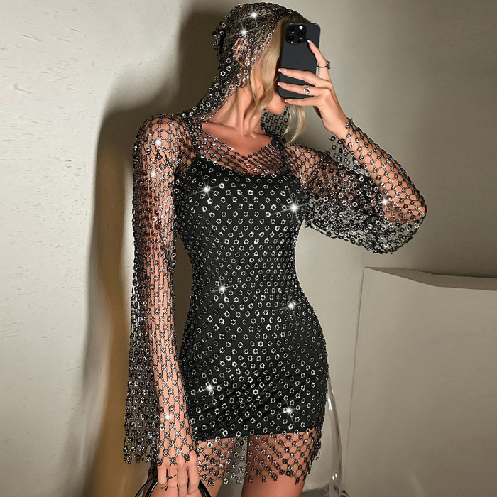 Glamorous Sequined Mesh Hooded Bodycon Dress ✨
